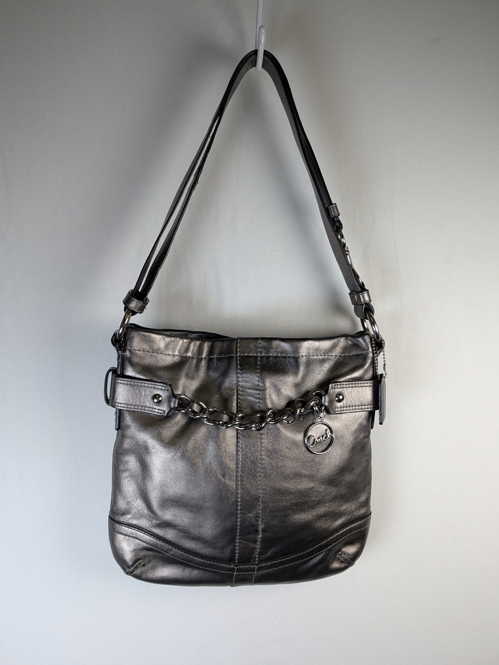 Coach Metallic Pewter Leather Chain Duffle Hobo Crossbody Bag F19722